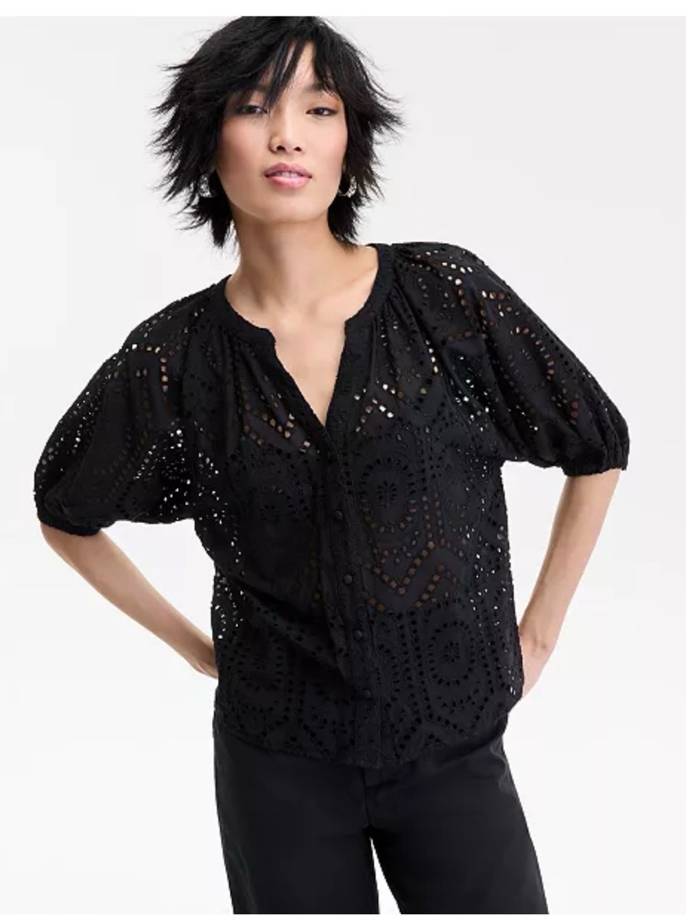 INC International Concepts Black Eyelet Peasant Puff-Sleeve Blouse